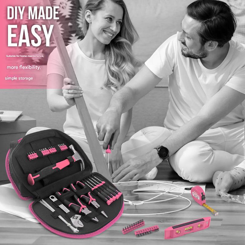 63-Piece Essential Home Repair Tool Kit with Portable Zipper Case pink