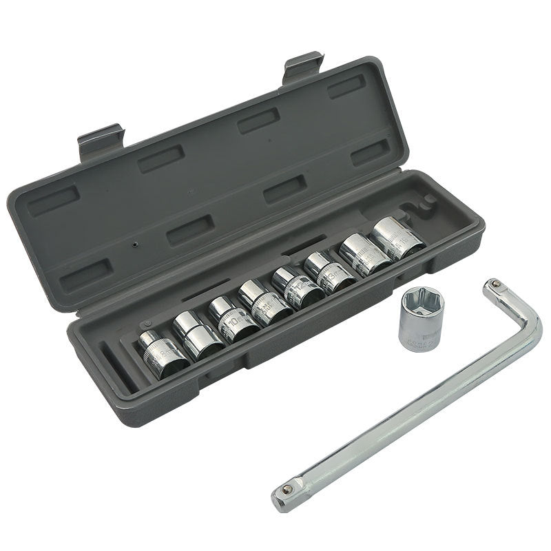 Two 10-piece L-shaped socket wrench sets - 1/2" drive chrome vanadium steel with metric sockets and housings gray