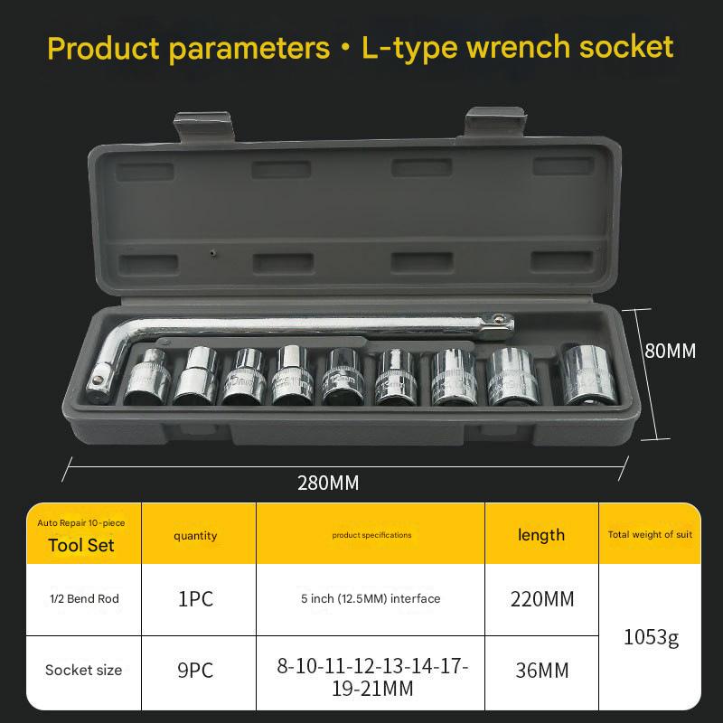 Two 10-piece L-shaped socket wrench sets - 1/2" drive chrome vanadium steel with metric sockets and housings gray