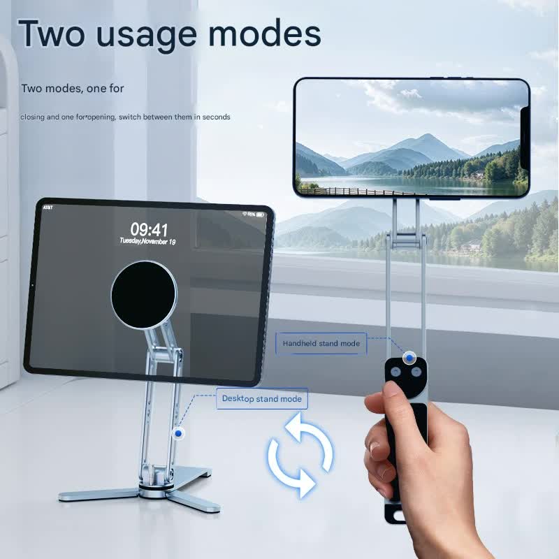 2-in-1 Magnetic Folding Stand for Phones & Tablets - Adjustable Aluminum Desktop & Handheld Holder silver