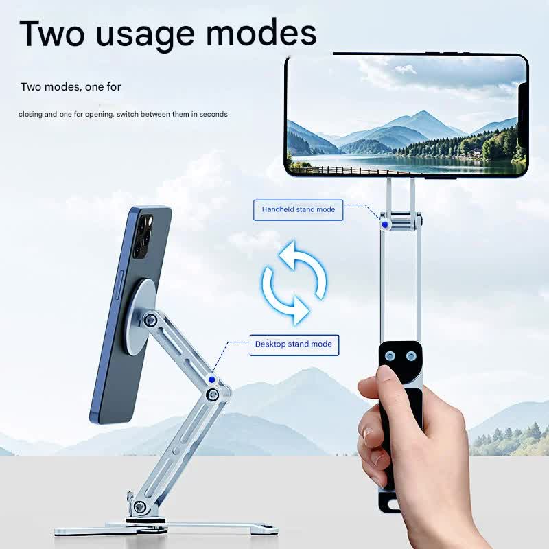 2-in-1 Magnetic Folding Stand for Phones & Tablets - Adjustable Aluminum Desktop & Handheld Holder silver