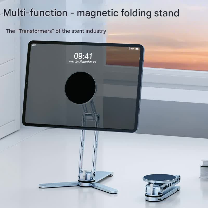 2-in-1 Magnetic Folding Stand for Phones & Tablets - Adjustable Aluminum Desktop & Handheld Holder silver