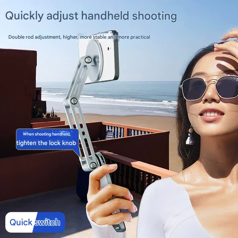 2-in-1 Magnetic Folding Stand for Phones & Tablets - Adjustable Aluminum Desktop & Handheld Holder silver