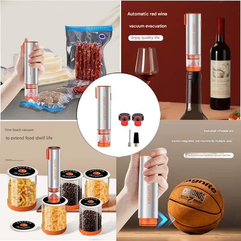Multi-Function Handheld Electric Vacuum Sealer & Inflator Kit - For Food Bags, Jars, Wine & Balls Gray Orange