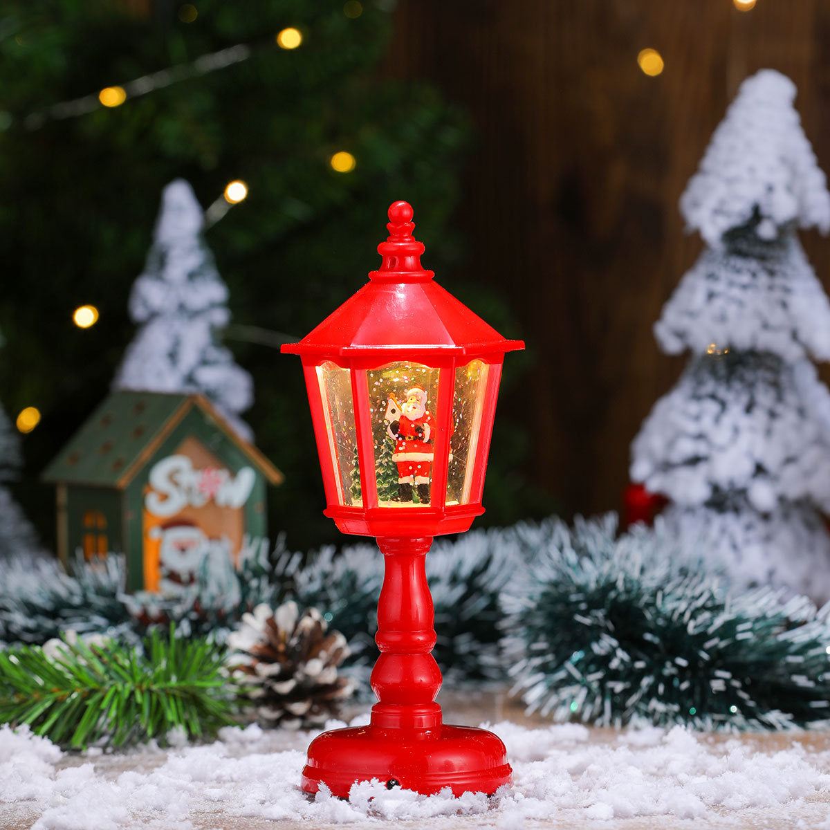 Festive LED Christmas Snow Globe Lantern - Glittering Tabletop Decoration with Santa/Snowman Scene, Dual Power red