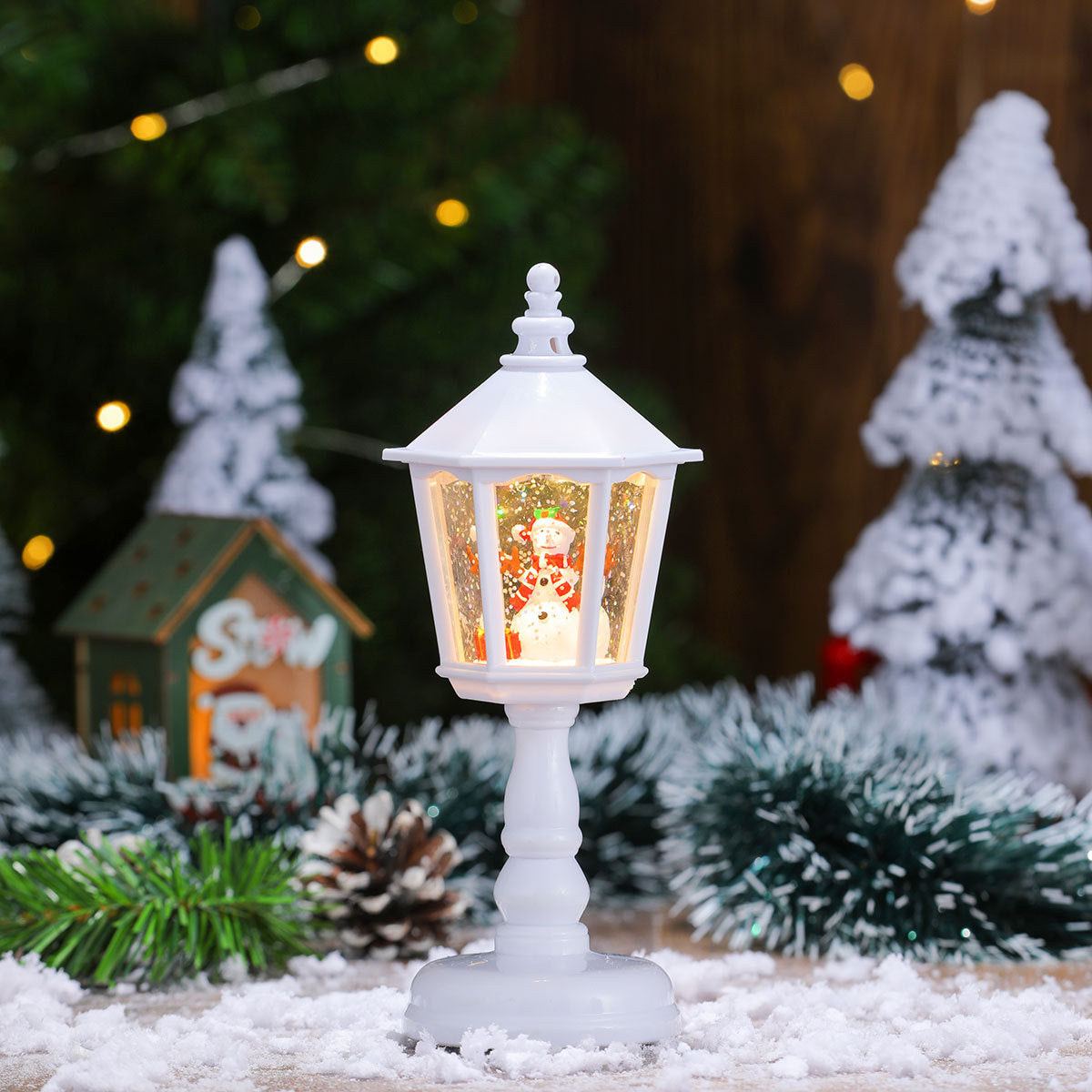 Festive LED Christmas Snow Globe Lantern - Glittering Tabletop Decoration with Santa/Snowman Scene, Dual Power white