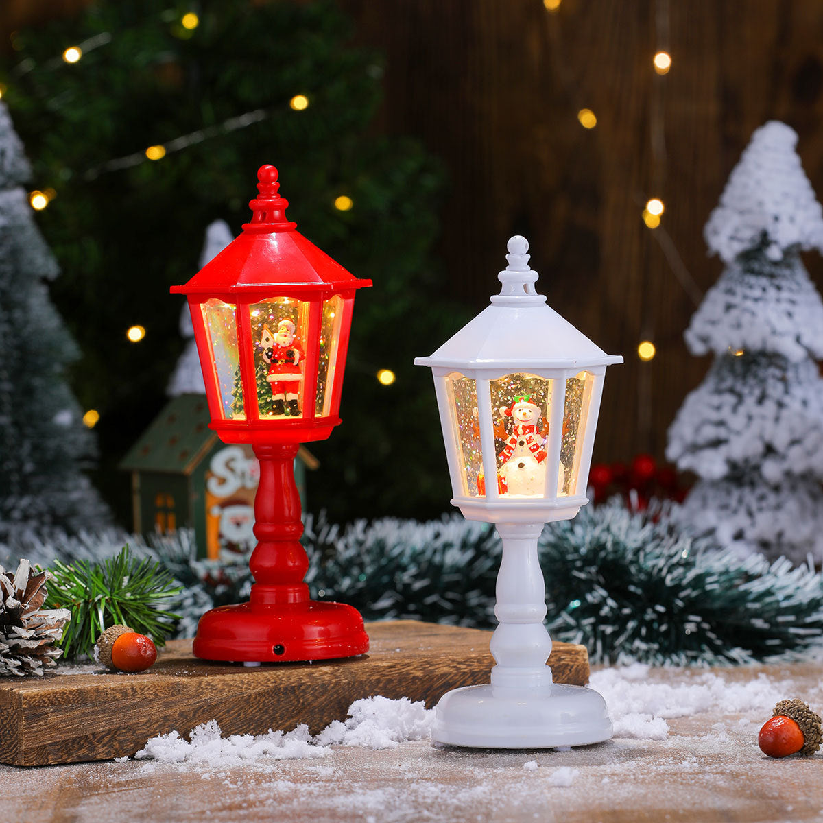 Festive LED Christmas Snow Globe Lantern - Glittering Tabletop Decoration with Santa/Snowman Scene, Dual Power white
