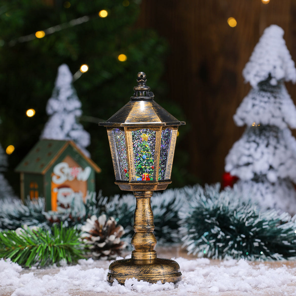Festive LED Christmas Snow Globe Lantern - Glittering Tabletop Decoration with Santa/Snowman Scene, Dual Power Bronze