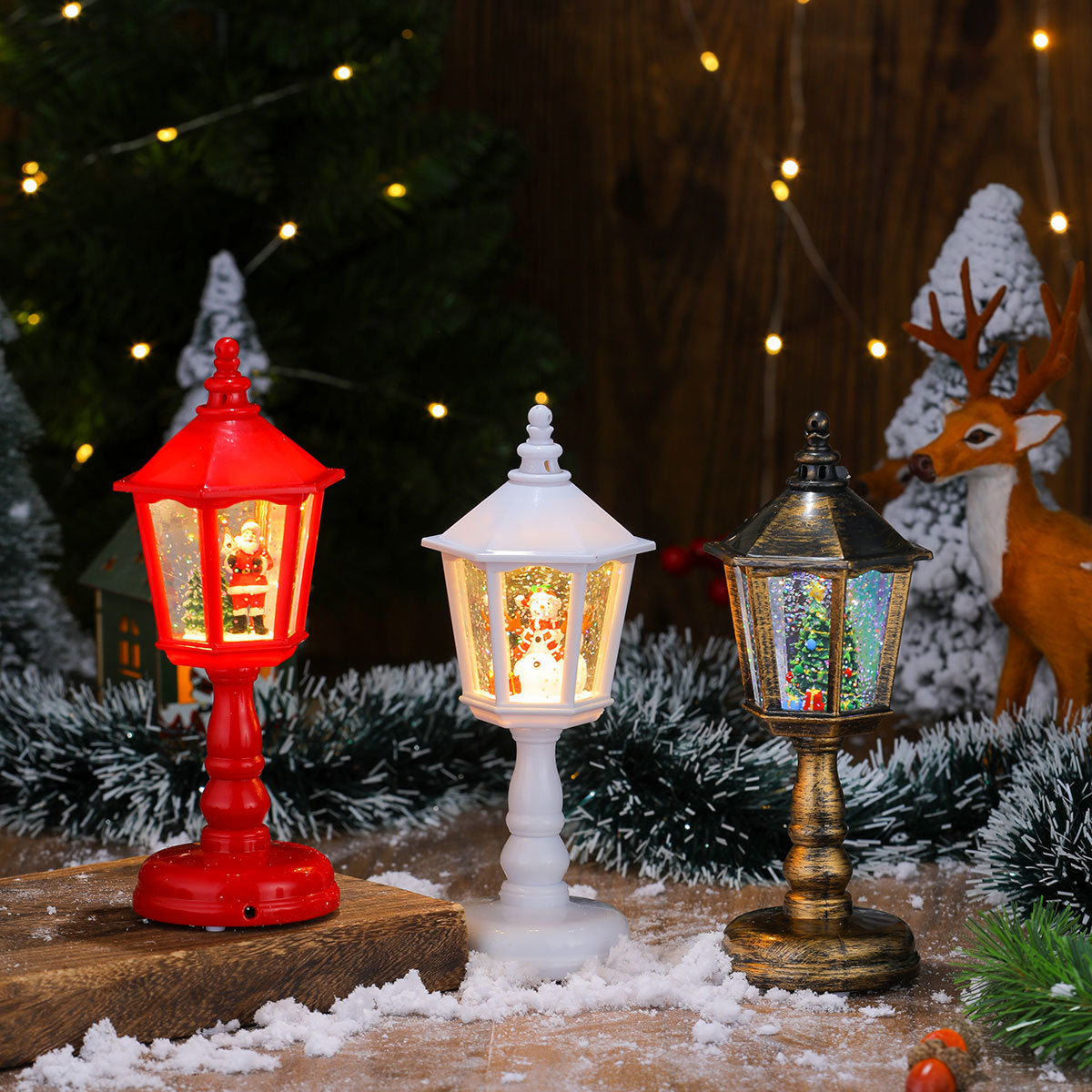 Festive LED Christmas Snow Globe Lantern - Glittering Tabletop Decoration with Santa/Snowman Scene, Dual Power Bronze