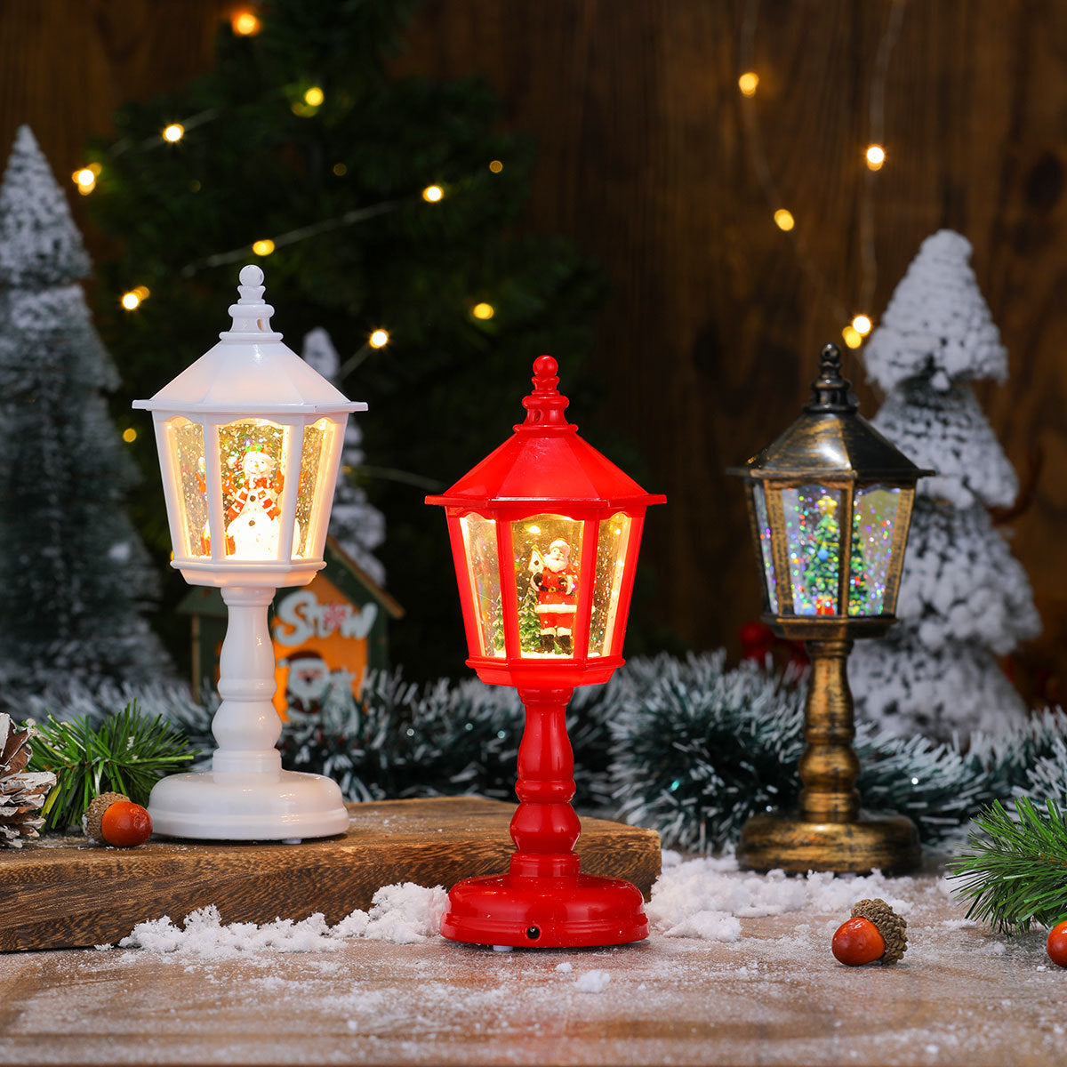 Festive LED Christmas Snow Globe Lantern - Glittering Tabletop Decoration with Santa/Snowman Scene, Dual Power Bronze