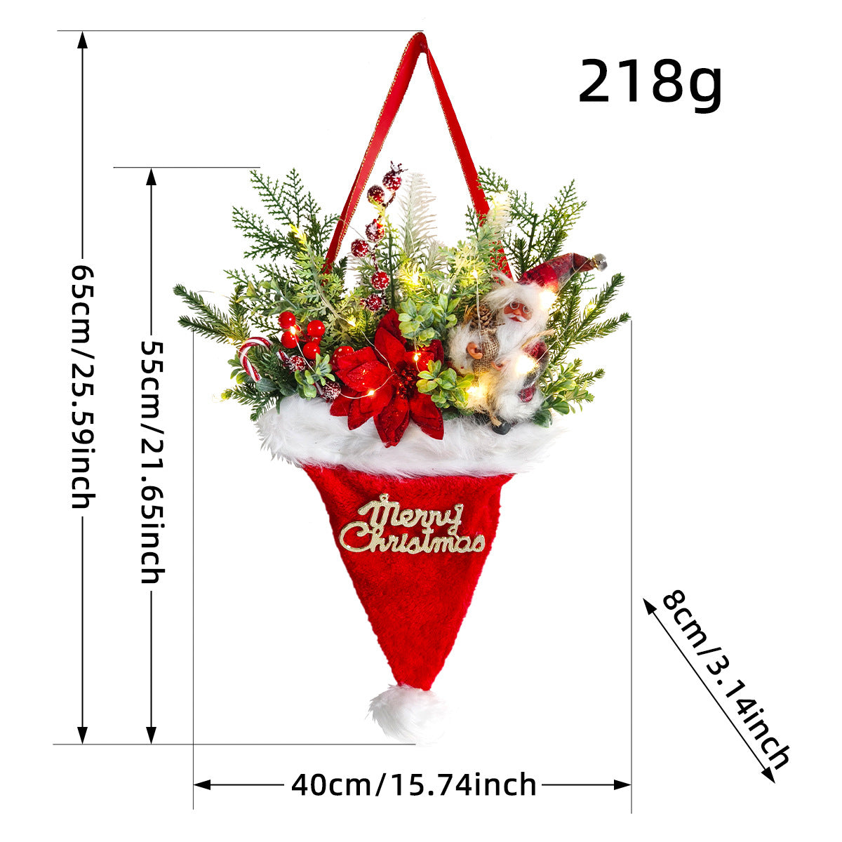 Illuminated Santa Hat Door Hanger with Holiday Greenery & Berries - Christmas Wall Decor red