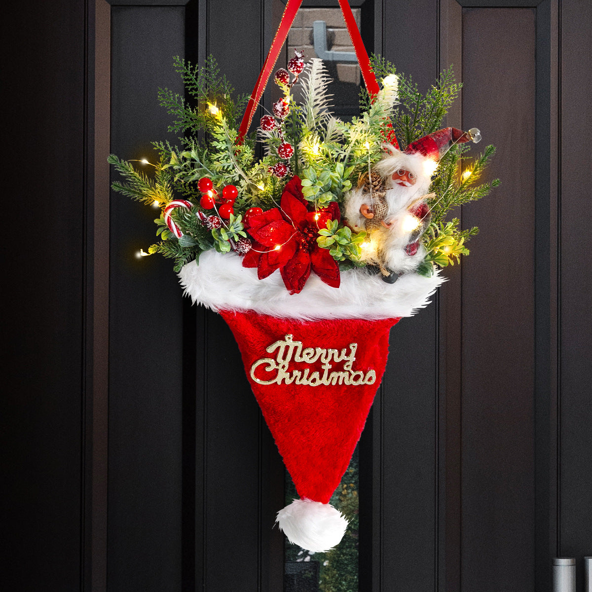 Illuminated Santa Hat Door Hanger with Holiday Greenery & Berries - Christmas Wall Decor red