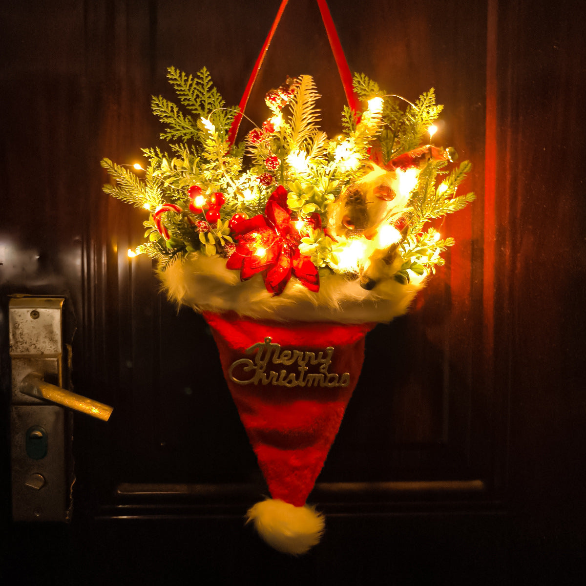 Illuminated Santa Hat Door Hanger with Holiday Greenery & Berries - Christmas Wall Decor red