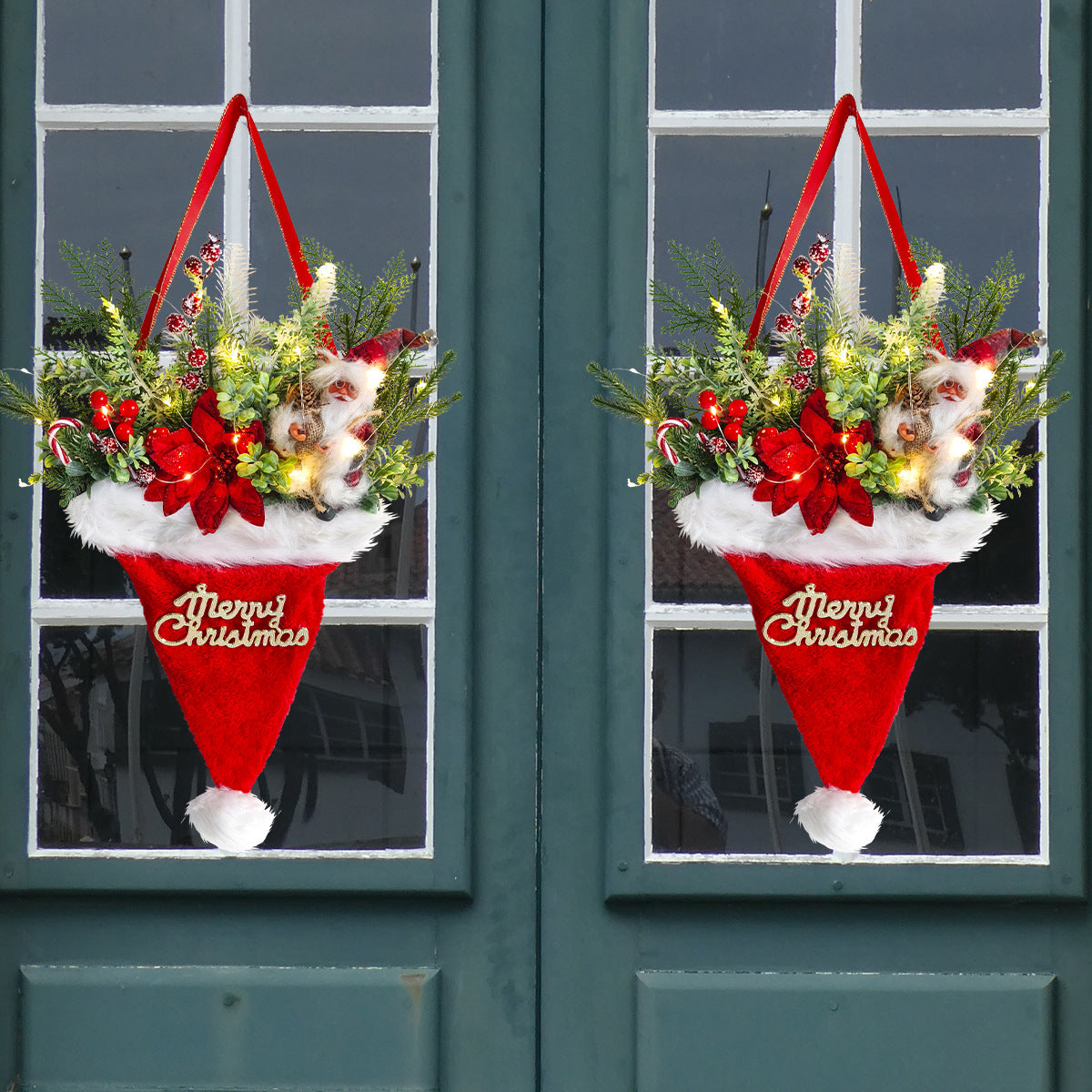 Illuminated Santa Hat Door Hanger with Holiday Greenery & Berries - Christmas Wall Decor red
