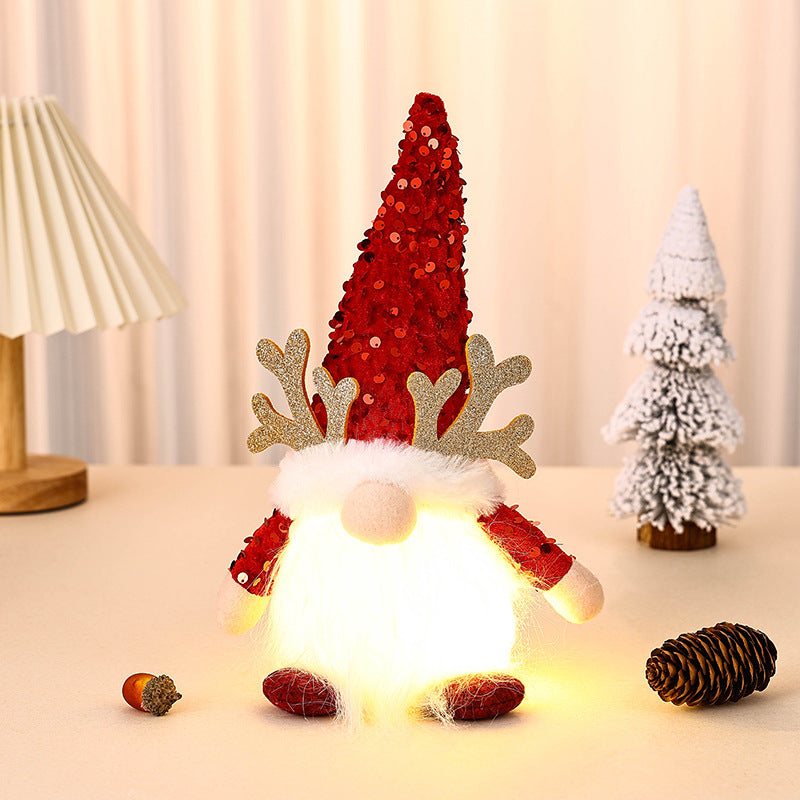 Light-Up Christmas Gnome Plush Doll with Sequin Hat & Antlers - Festive LED Tabletop Decoration red