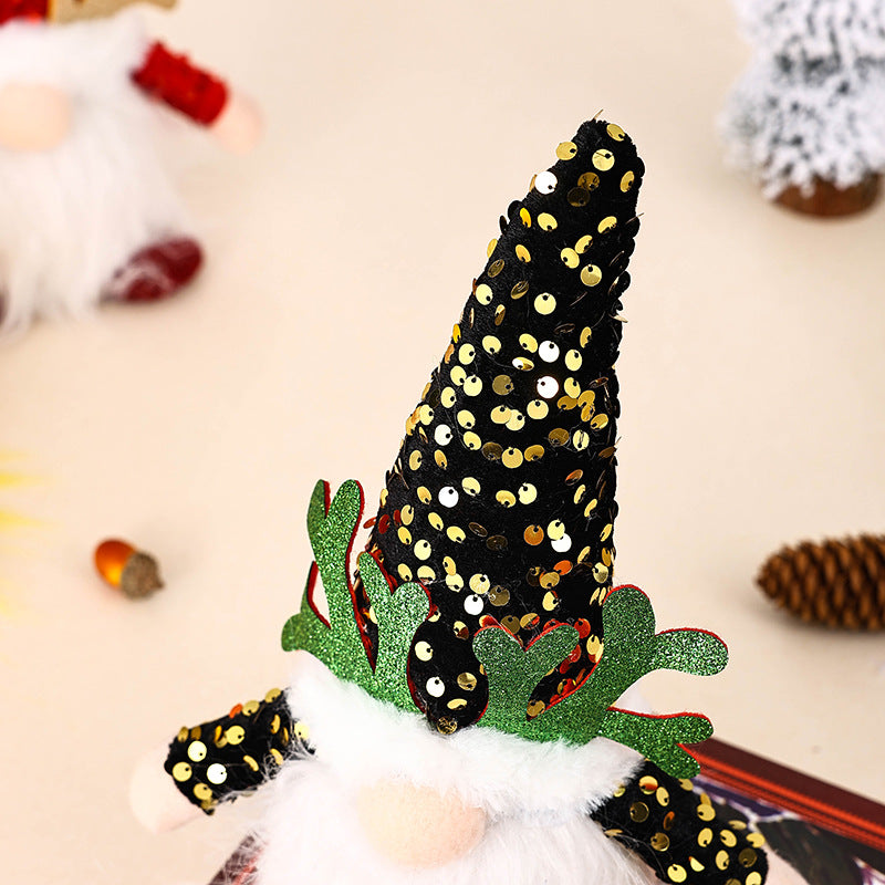 Light-Up Christmas Gnome Plush Doll with Sequin Hat & Antlers - Festive LED Tabletop Decoration red