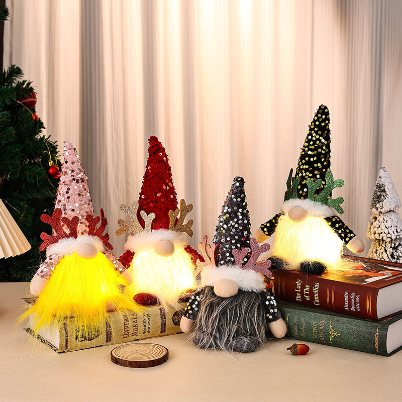 Light-Up Christmas Gnome Plush Doll with Sequin Hat & Antlers - Festive LED Tabletop Decoration pink