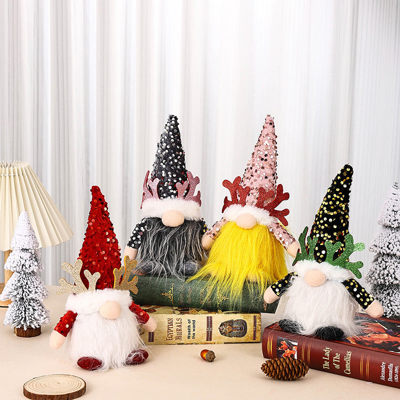 Light-Up Christmas Gnome Plush Doll with Sequin Hat & Antlers - Festive LED Tabletop Decoration pink