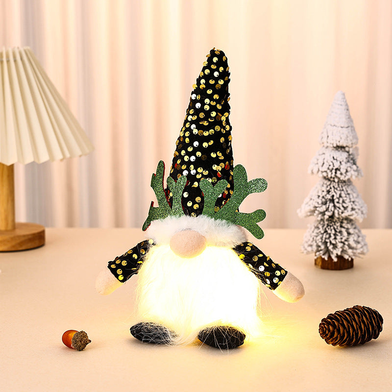 Light-Up Christmas Gnome Plush Doll with Sequin Hat & Antlers - Festive LED Tabletop Decoration gold