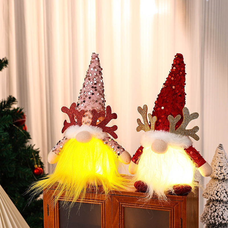 Light-Up Christmas Gnome Plush Doll with Sequin Hat & Antlers - Festive LED Tabletop Decoration gold