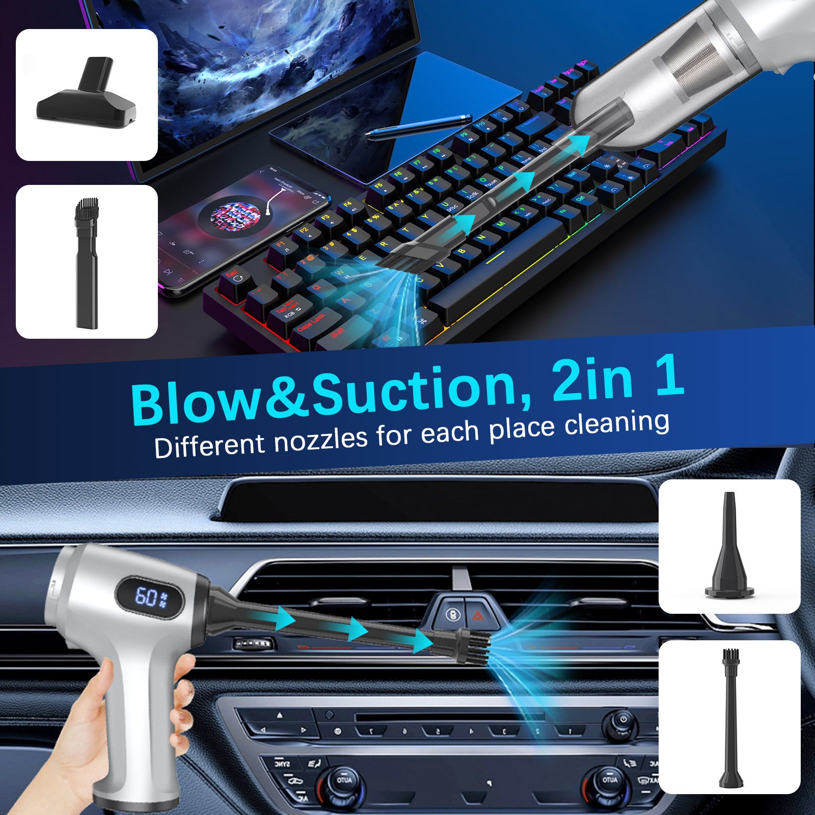 2-in-1 Cordless Handheld Vacuum & Air Duster - 12000Pa Suction, 70000 RPM, LED Light, USB-C Rechargeable Silver