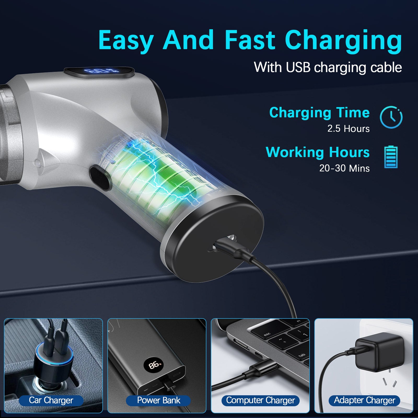 2-in-1 Cordless Handheld Vacuum & Air Duster - 12000Pa Suction, 70000 RPM, LED Light, USB-C Rechargeable Silver