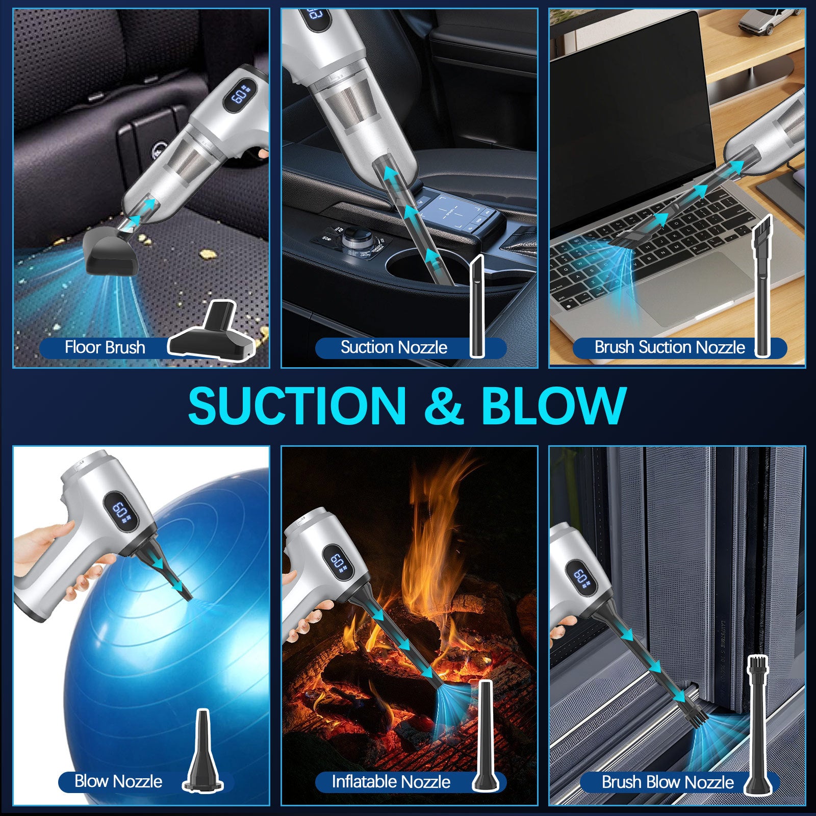 2-in-1 Cordless Handheld Vacuum & Air Duster - 12000Pa Suction, 70000 RPM, LED Light, USB-C Rechargeable Silver
