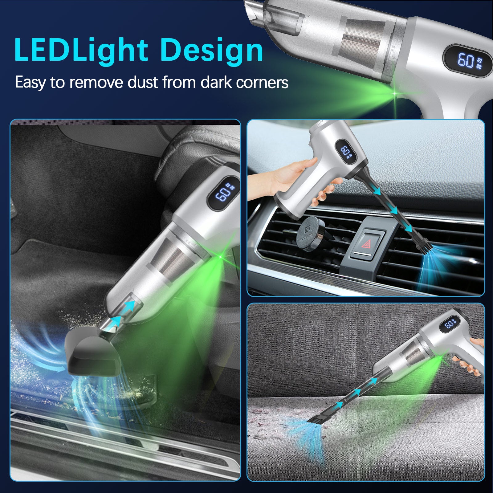 2-in-1 Cordless Handheld Vacuum & Air Duster - 12000Pa Suction, 70000 RPM, LED Light, USB-C Rechargeable Silver