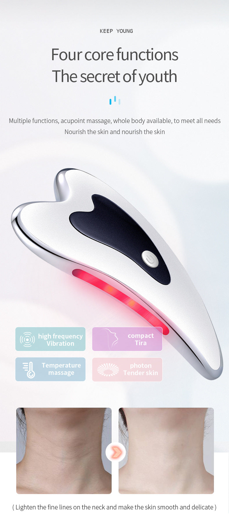 Electric Gua Sha Facial Massager with Heat, Vibration & LED Light Therapy - 4-in-1 Scraping Tool for Face Lifting, Skin Tightening & Anti-Wrinkle White