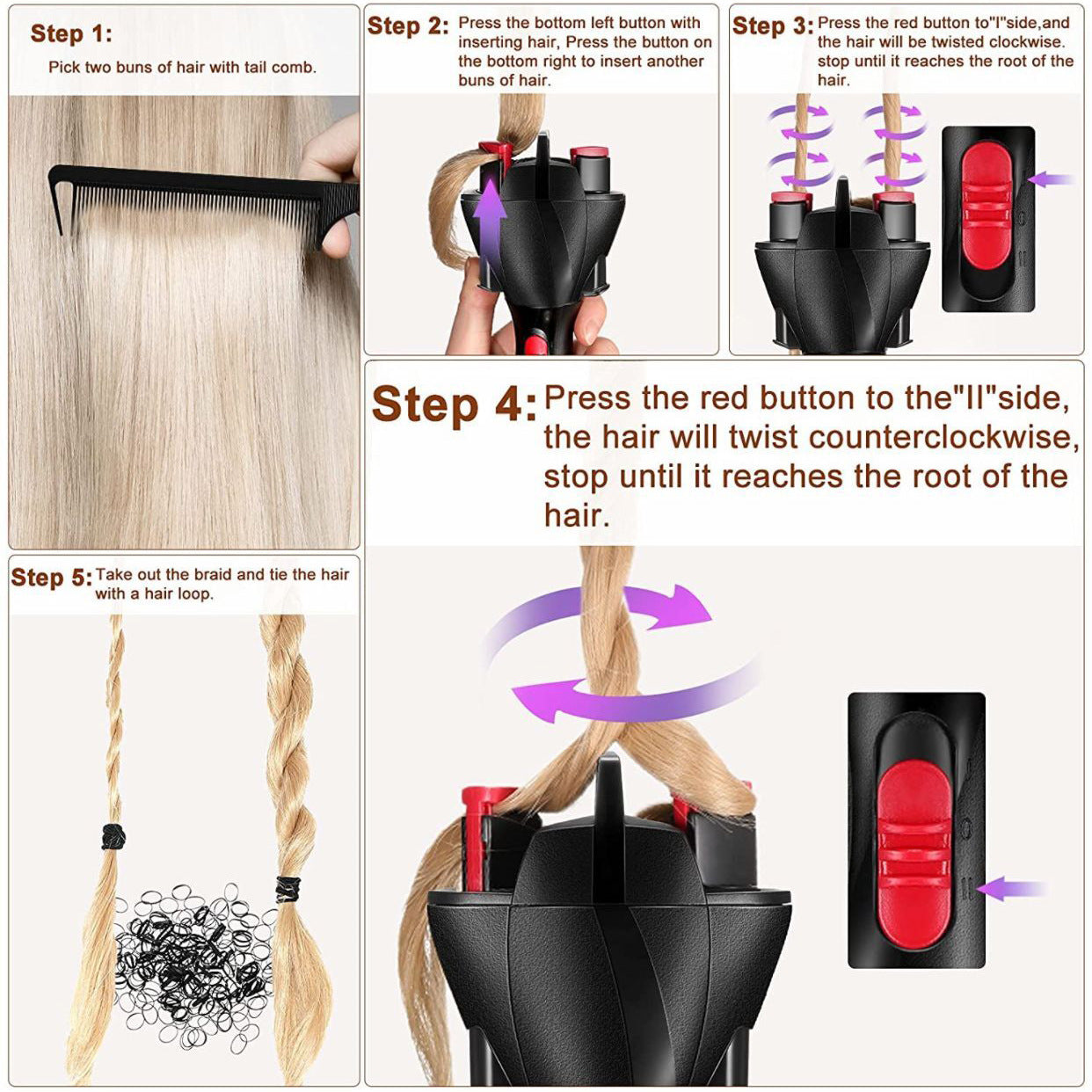 Automatic Hair Braiding Tool - Bi-Directional Rotation, Quick Twist Styling for Braids & Handmade Bracelets black