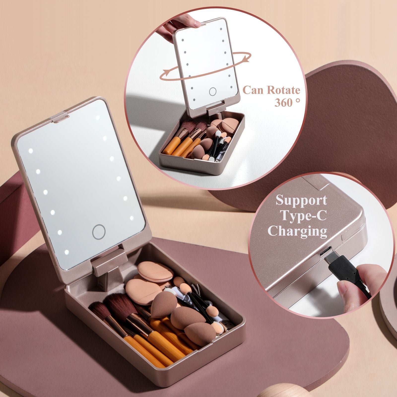 All-in-One Portable Makeup Brush Kit with LED Mirror Travel Case, Sponges & Applicators pink