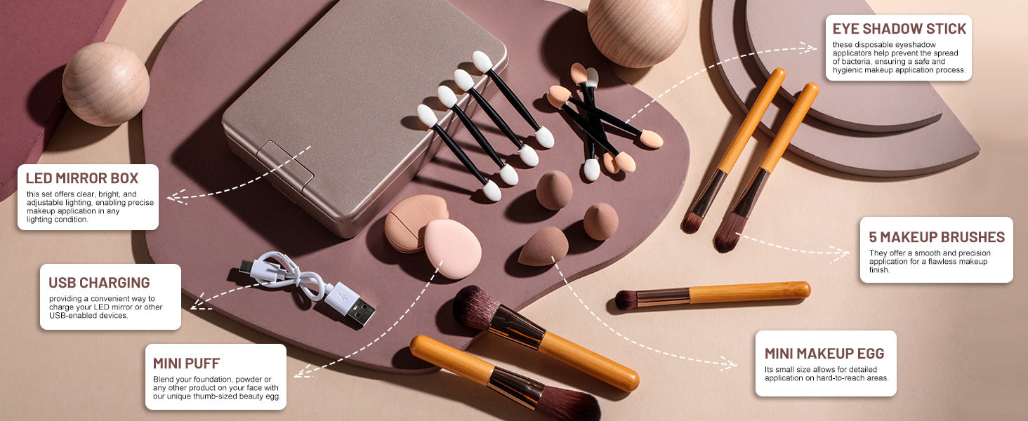 All-in-One Portable Makeup Brush Kit with LED Mirror Travel Case, Sponges & Applicators pink