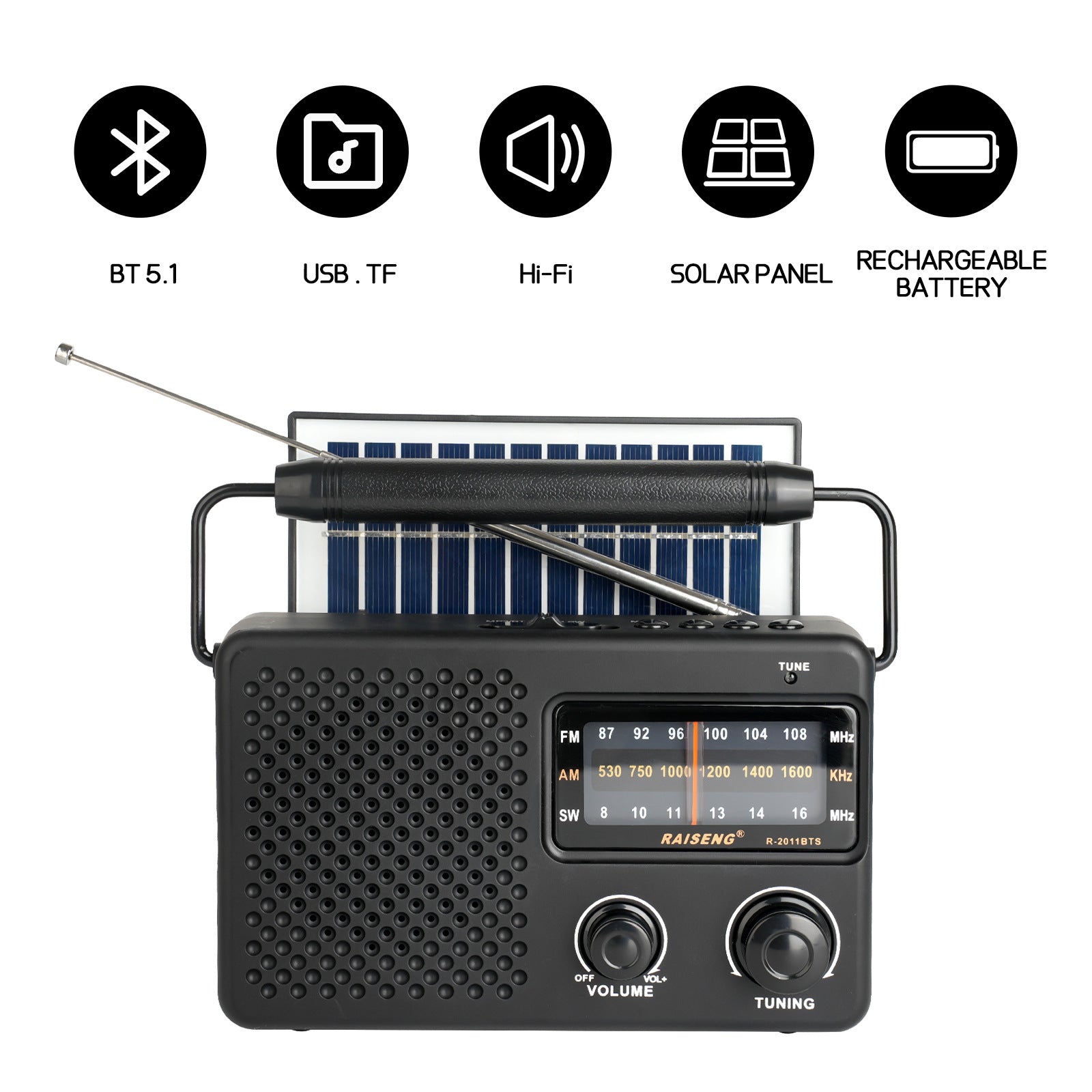 Portable Solar Powered 3-Band AM/FM/SW Radio with Bluetooth Speaker & Multiple Charging Options black