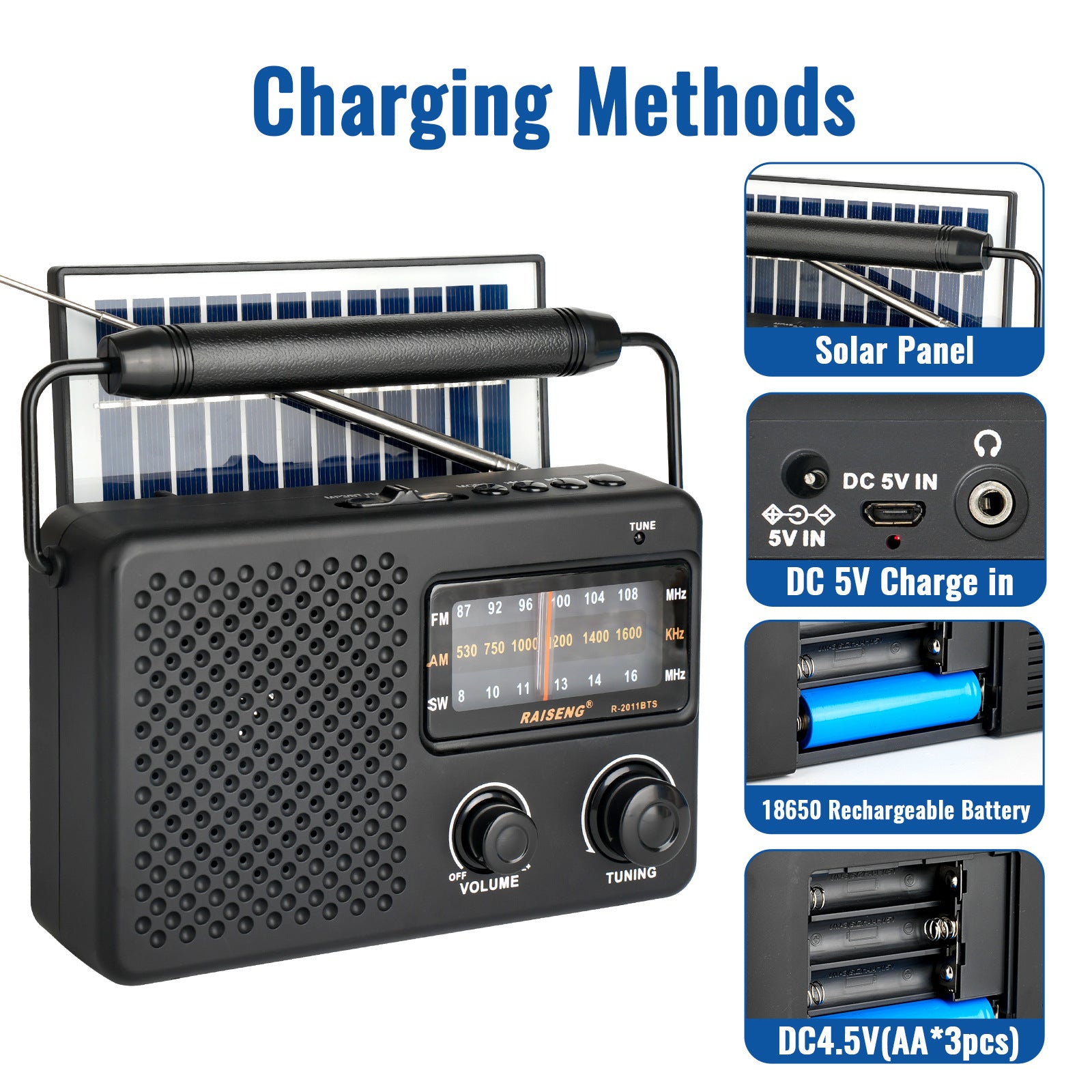Portable Solar Powered 3-Band AM/FM/SW Radio with Bluetooth Speaker & Multiple Charging Options black