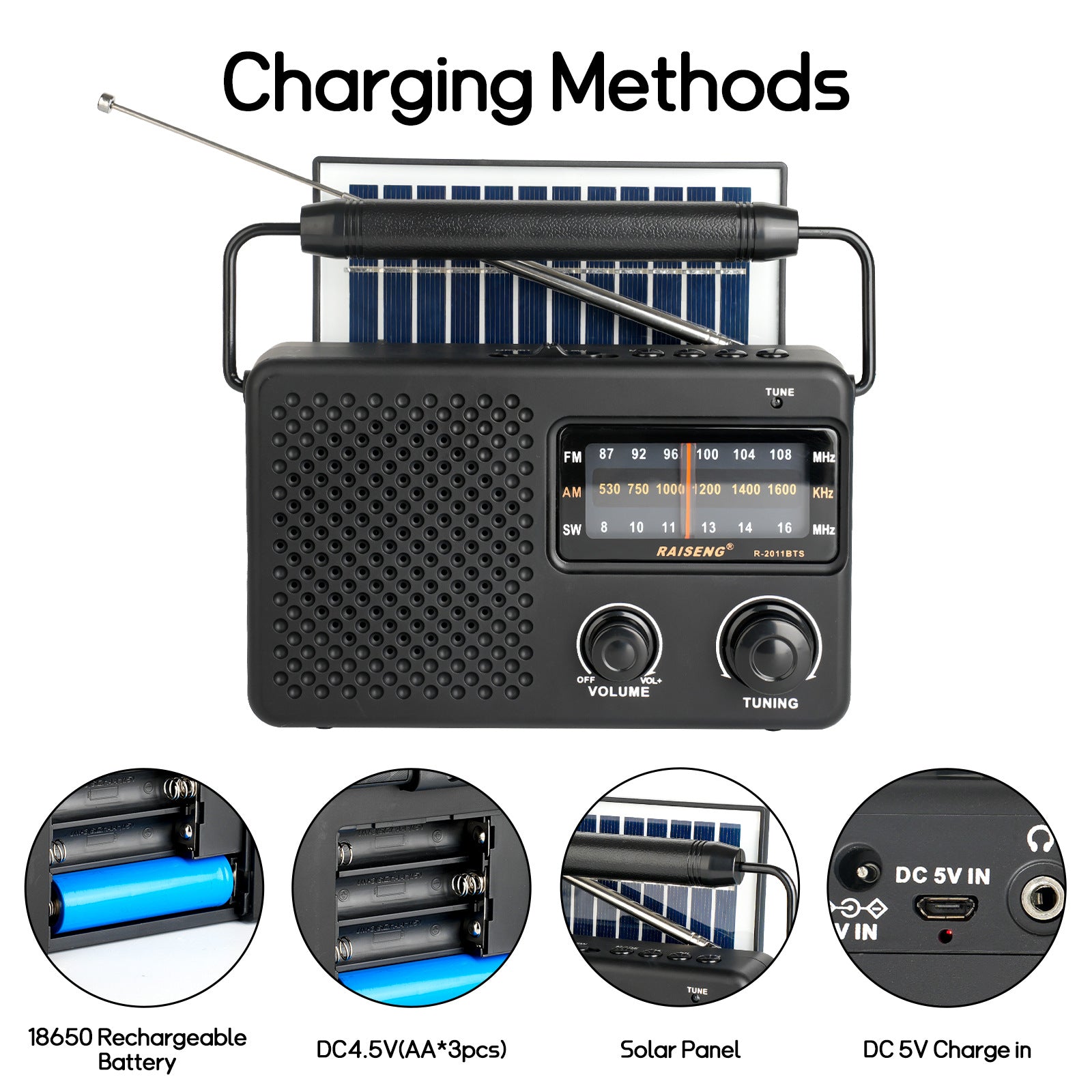 Portable Solar Powered 3-Band AM/FM/SW Radio with Bluetooth Speaker & Multiple Charging Options black