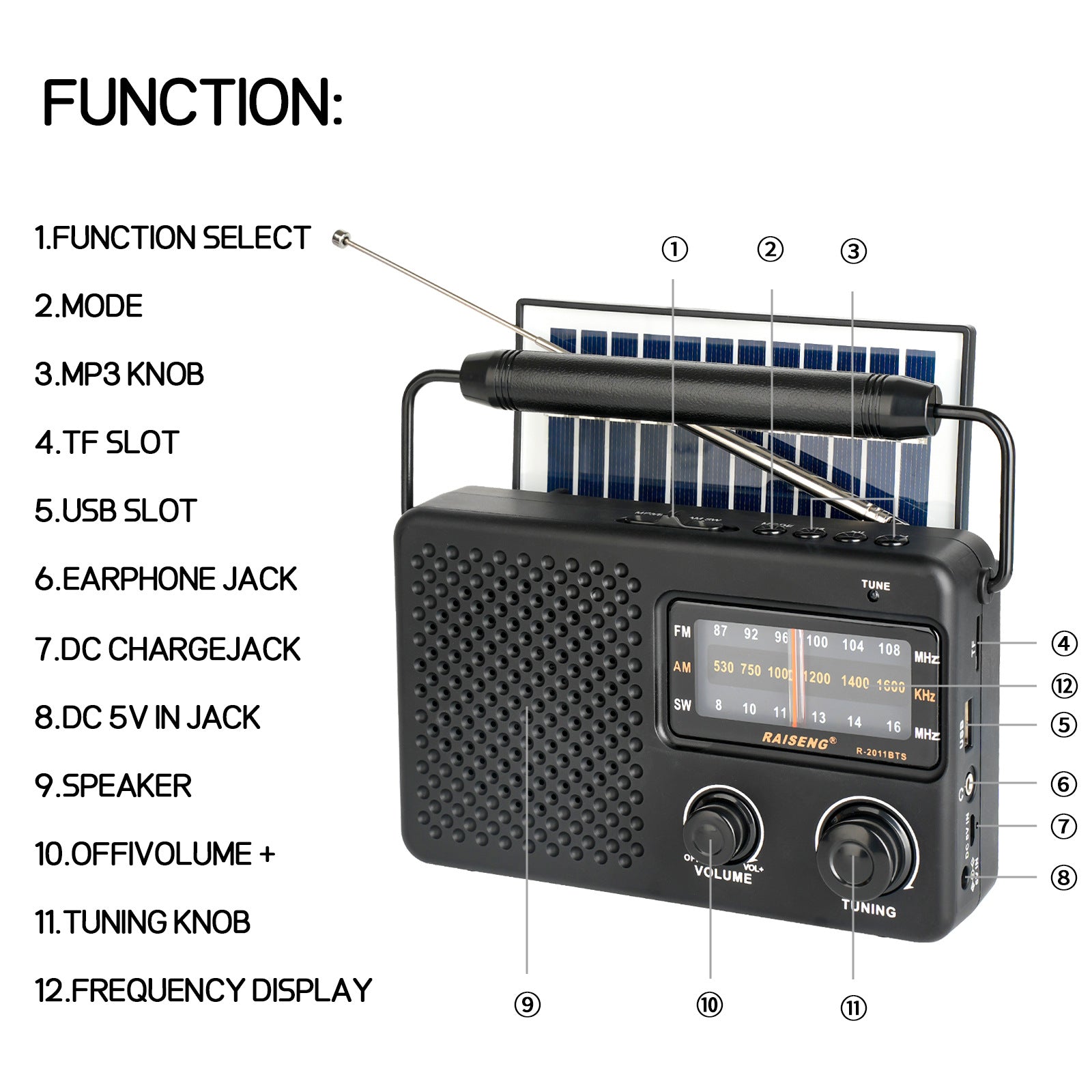 Portable Solar Powered 3-Band AM/FM/SW Radio with Bluetooth Speaker & Multiple Charging Options black