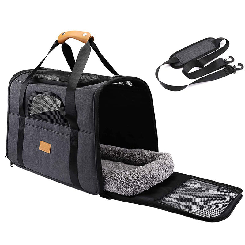 Foldable Soft-Sided Pet Carrier for Travel - Fits Cats & Small Dogs Under 6kg, with Removable Plush Bed & Shoulder Strap grey
