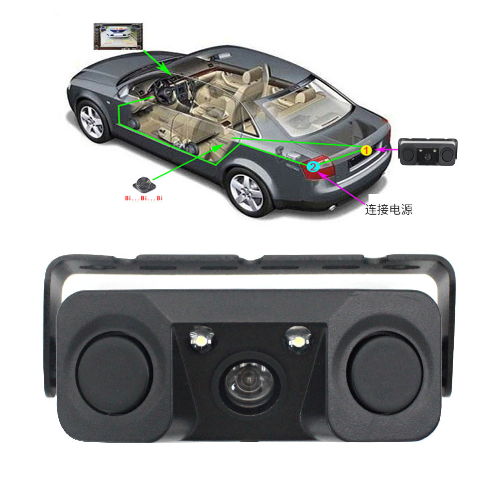 3-in-1 Car Reversing Camera & Parking Sensor System with Monitor - License Plate Frame Mount, Waterproof & Night Vision black