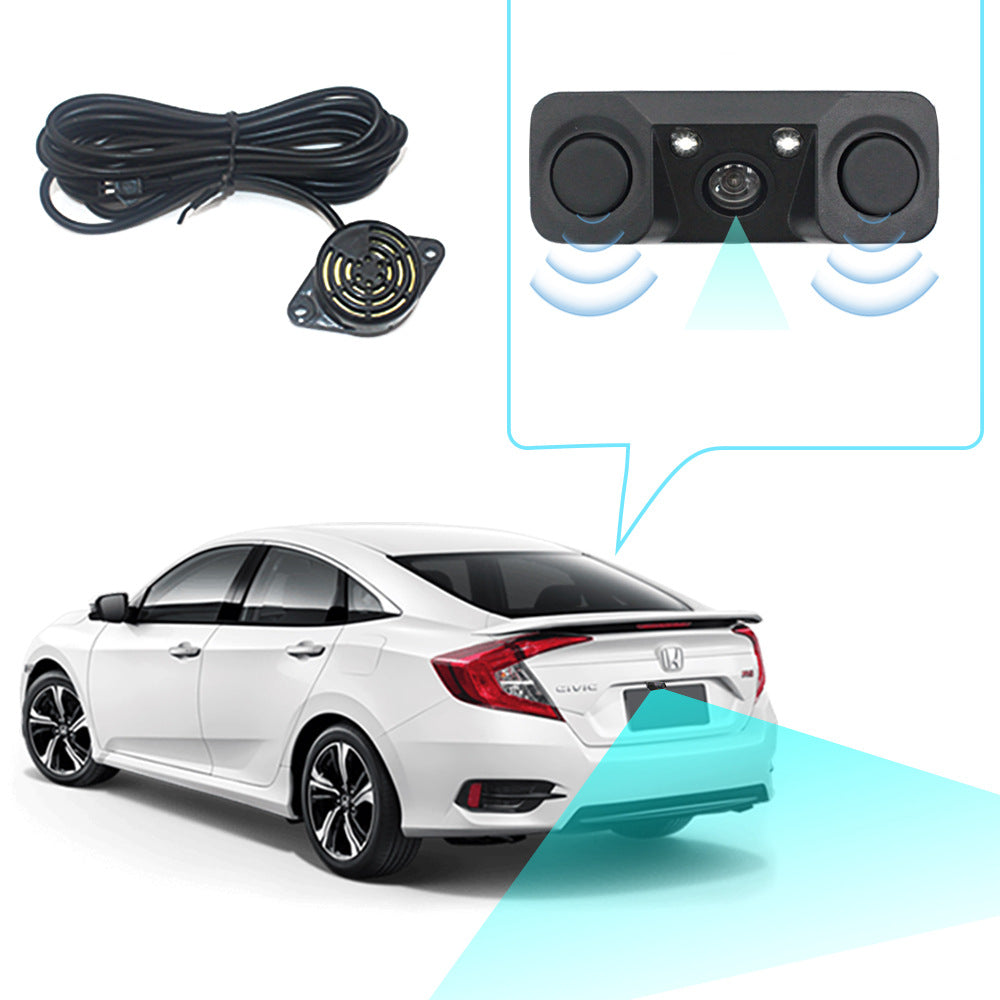 3-in-1 Car Reversing Camera & Parking Sensor System with Monitor - License Plate Frame Mount, Waterproof & Night Vision black