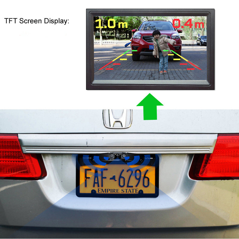 3-in-1 Car Reversing Camera & Parking Sensor System with Monitor - License Plate Frame Mount, Waterproof & Night Vision black