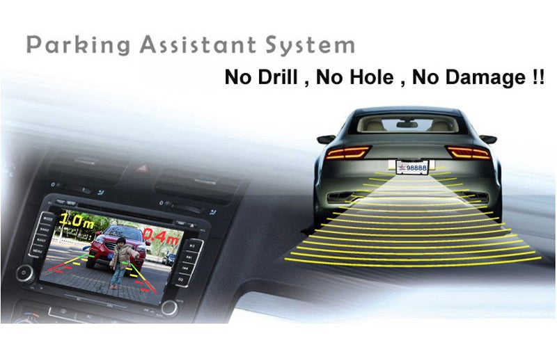 3-in-1 Car Reversing Camera & Parking Sensor System with Monitor - License Plate Frame Mount, Waterproof & Night Vision black