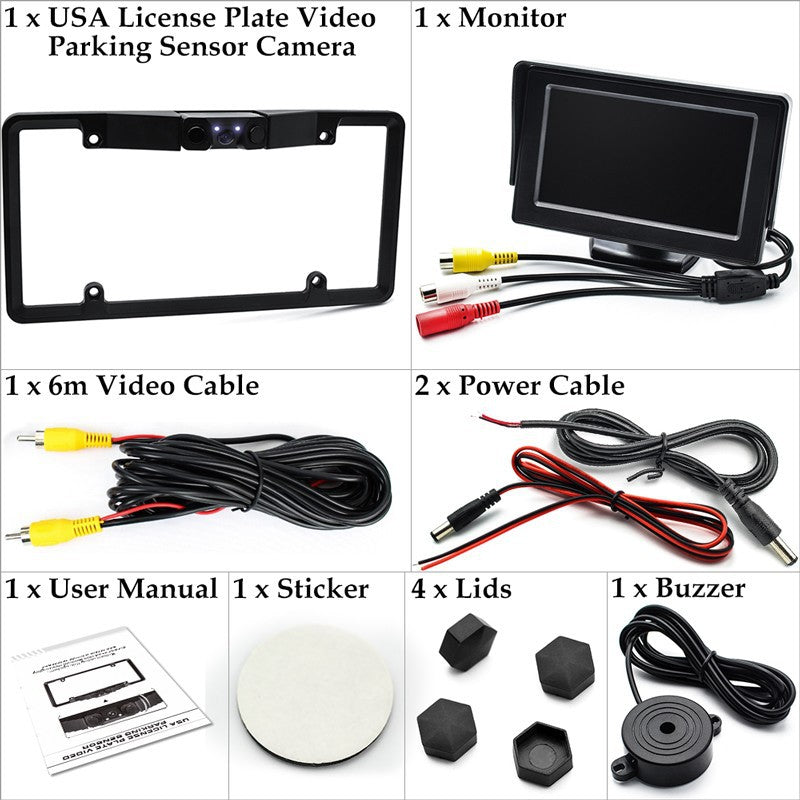 3-in-1 Car Reversing Camera & Parking Sensor System with Monitor - License Plate Frame Mount, Waterproof & Night Vision black