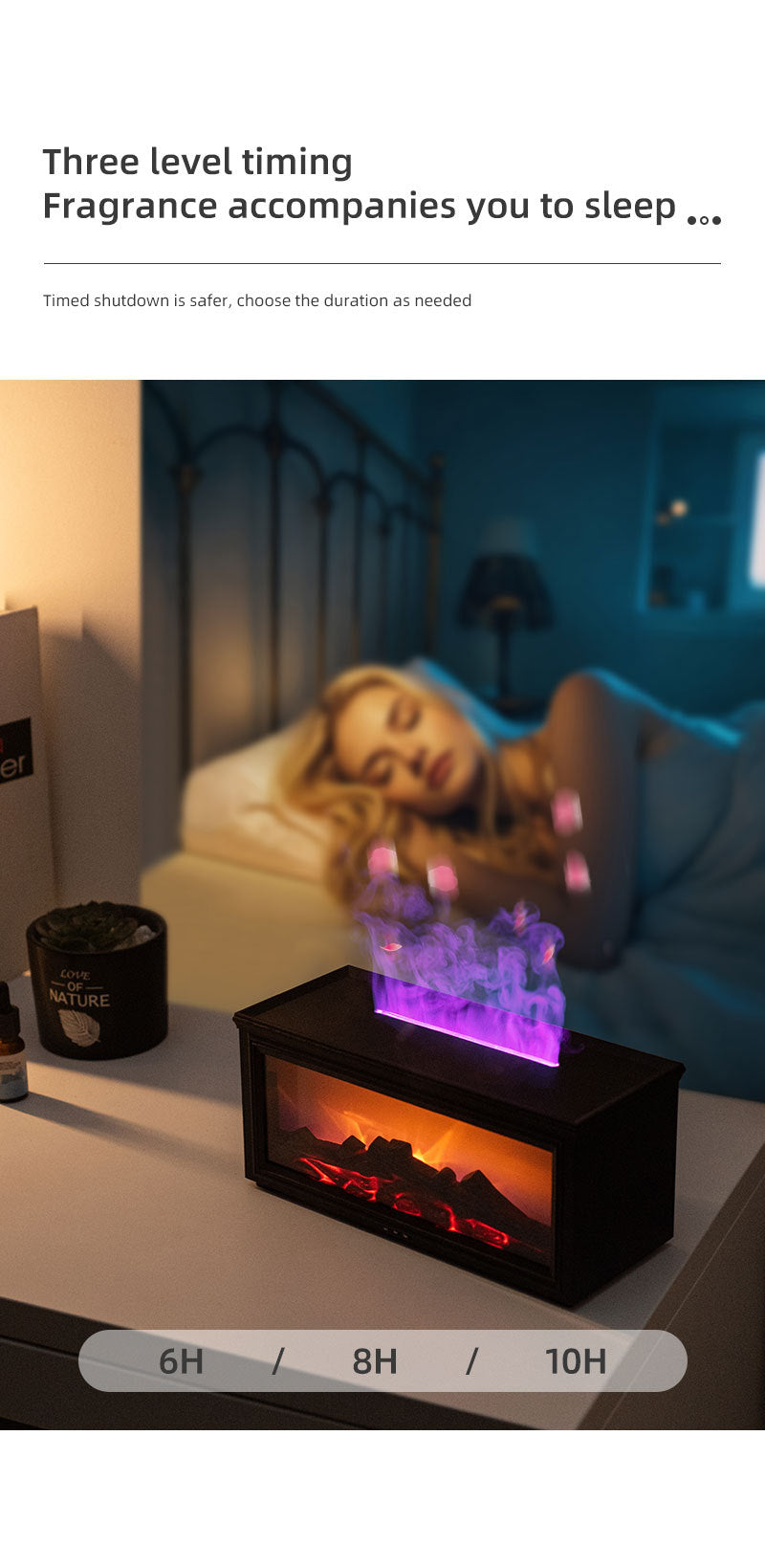 Fireplace Flame Effect Aroma Diffuser & Humidifier with 7-Colour Light, Timer & Remote Control black