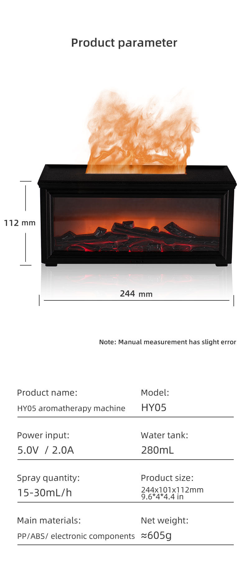 Fireplace Flame Effect Aroma Diffuser & Humidifier with 7-Colour Light, Timer & Remote Control black