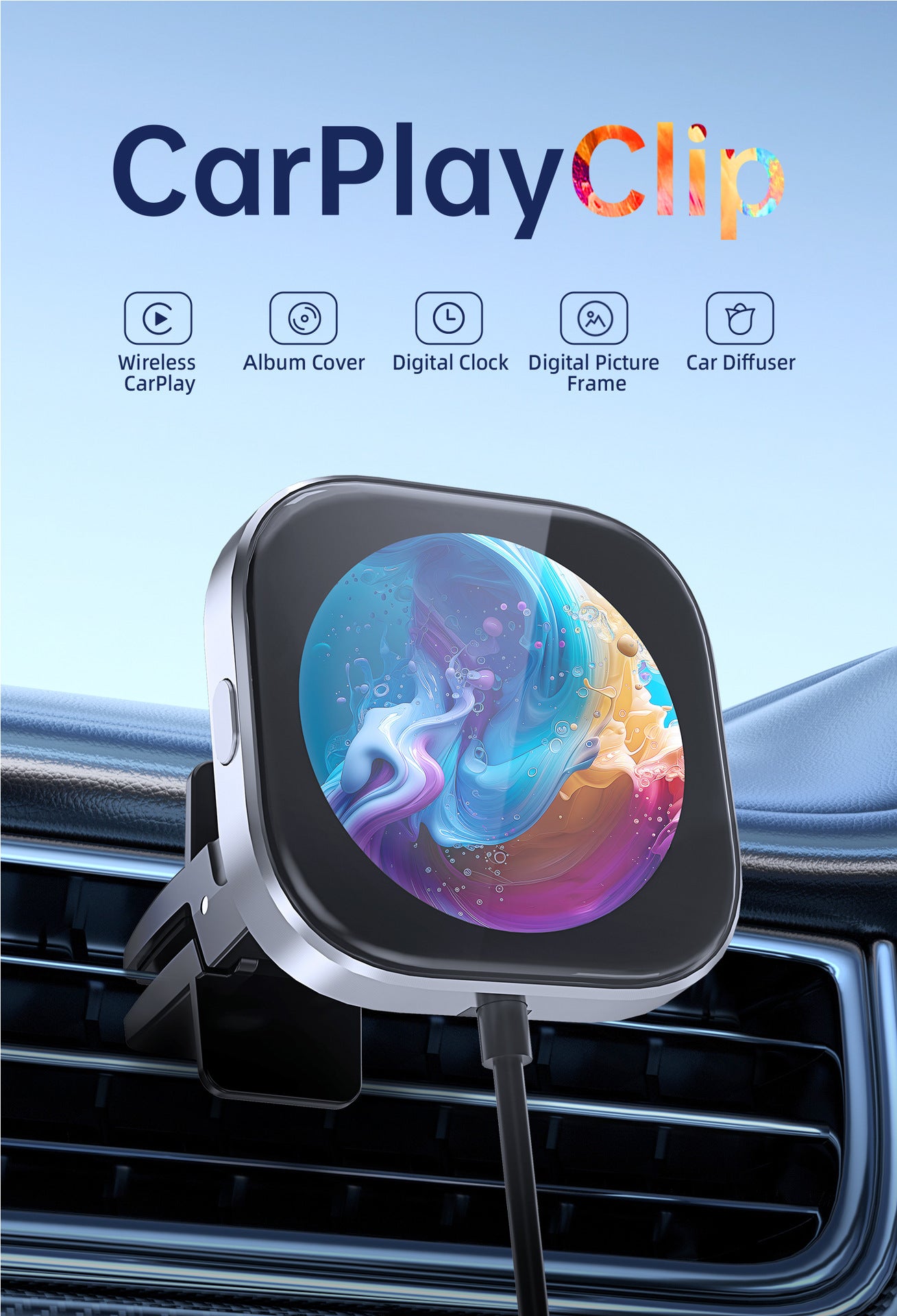 Wireless CarPlay Adapter with 1.6" Multi-Functional Screen, Car Diffuser & 360 Vent Clip silver