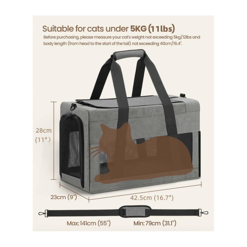 Sturdy & Breathable Pet Carrier for Small Cats & Dogs - Collapsible Travel Bag with Steel Frame, Safety Locks & Sunshade Grey