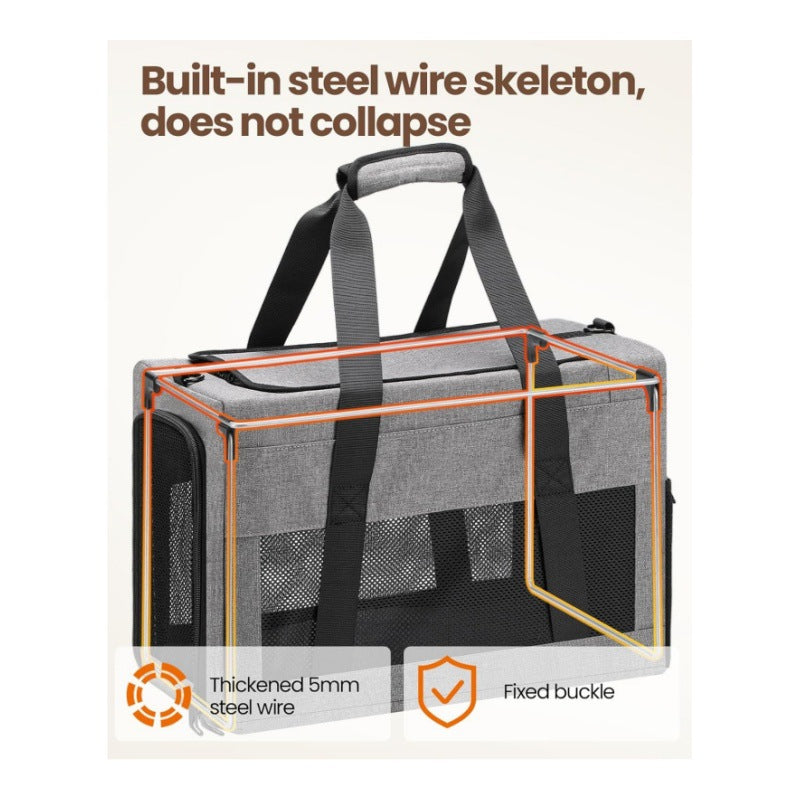 Sturdy & Breathable Pet Carrier for Small Cats & Dogs - Collapsible Travel Bag with Steel Frame, Safety Locks & Sunshade Grey
