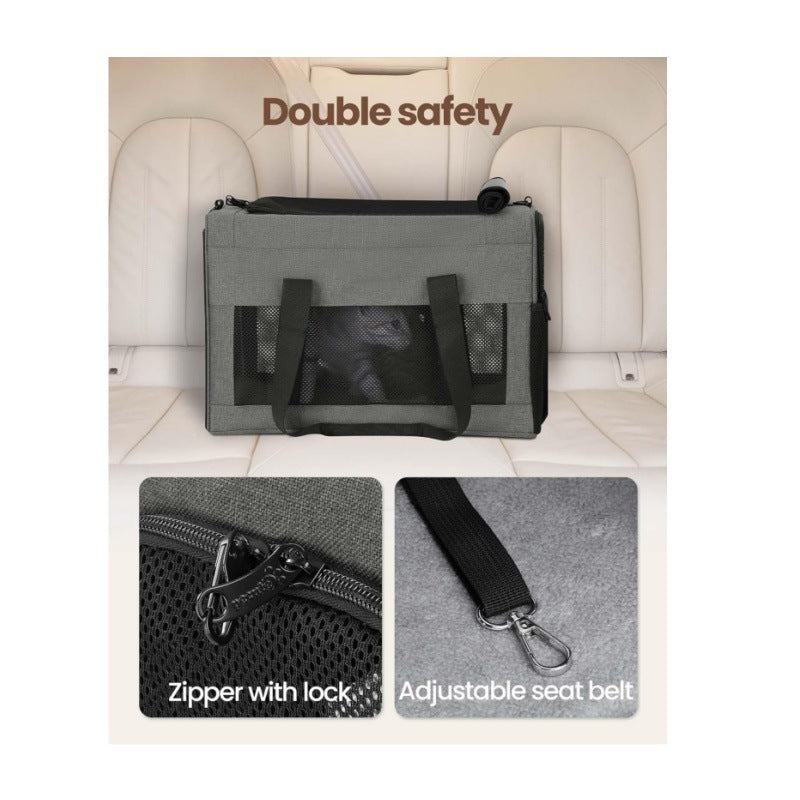 Sturdy & Breathable Pet Carrier for Small Cats & Dogs - Collapsible Travel Bag with Steel Frame, Safety Locks & Sunshade Grey