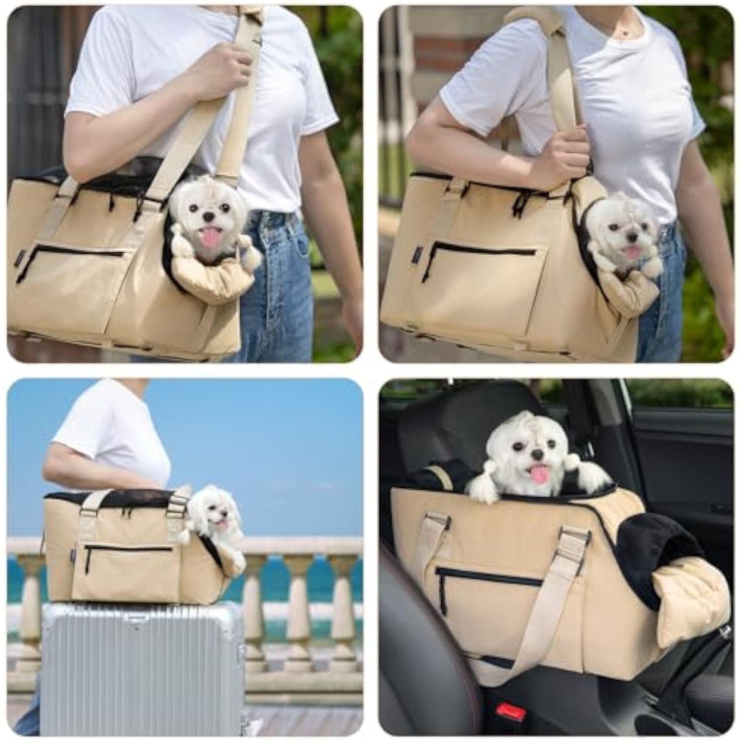 Versatile Pet Carrier Tote Bag for Small Dogs & Cats - Waterproof, Car Seat Function & Adjustable Safety Exit Khaki