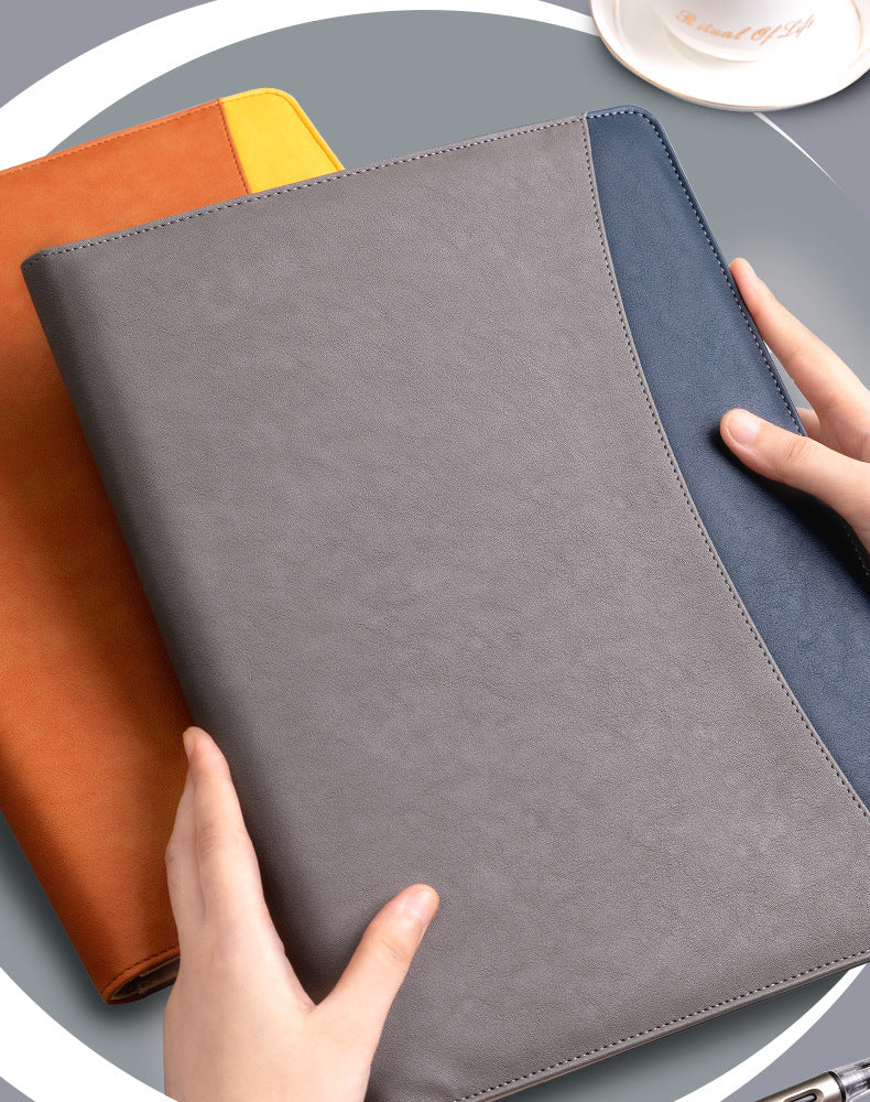 A4 PU Leather Business Portfolio with Ring Binder, Calculator & 40 Sleeves grey and black